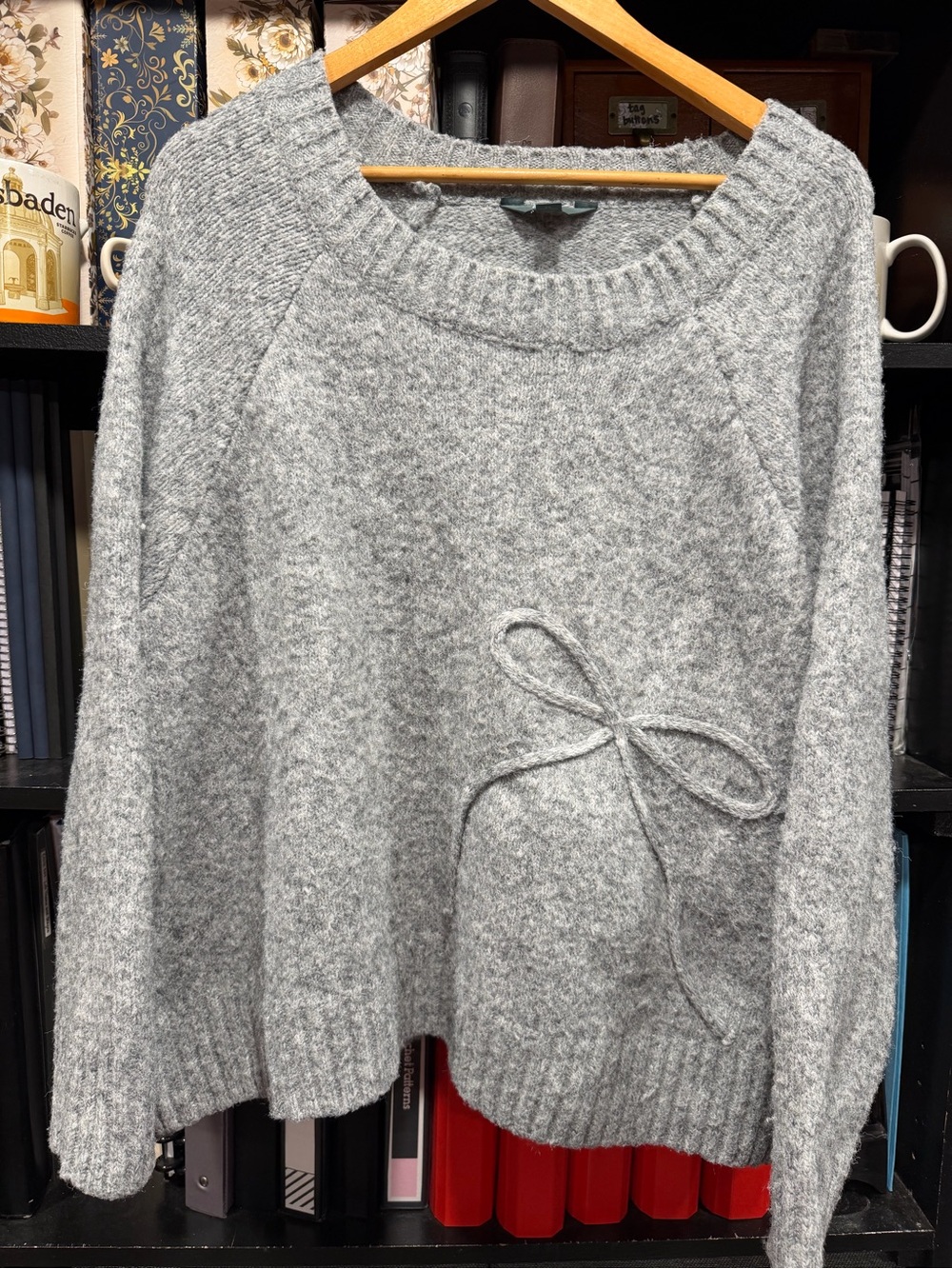 Terra & Sky Light Gray Scoop Neck Sweater with Bow Detail